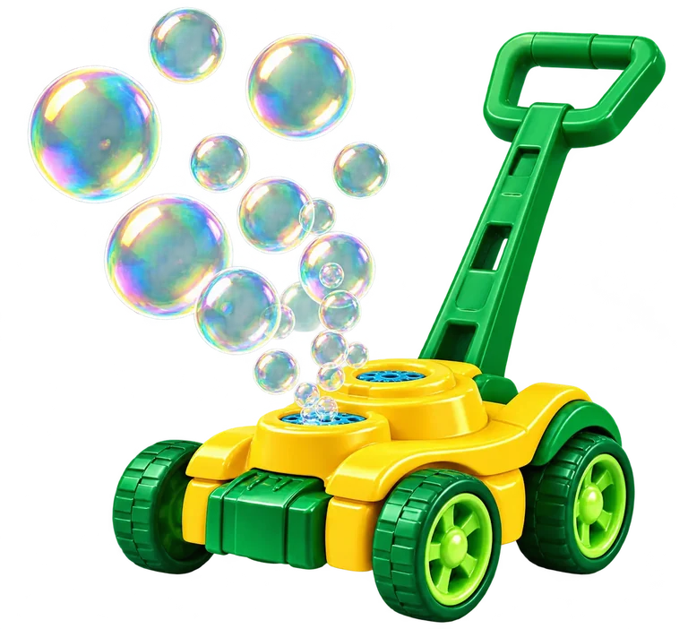Green and yellow toy bubble mower blowing soap bubbles