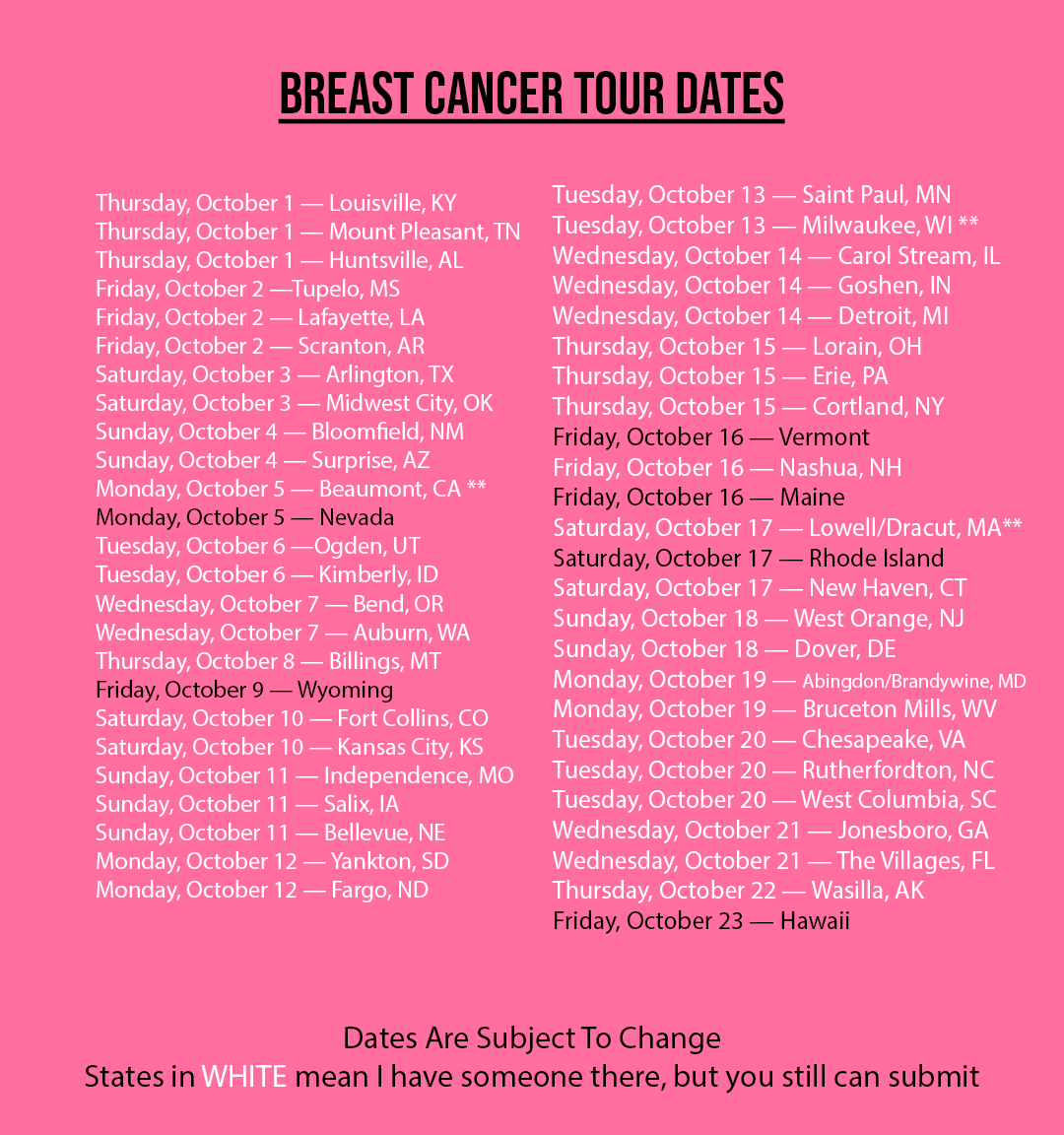 2026 Breast Cancer Awareness Mowing Tour route map